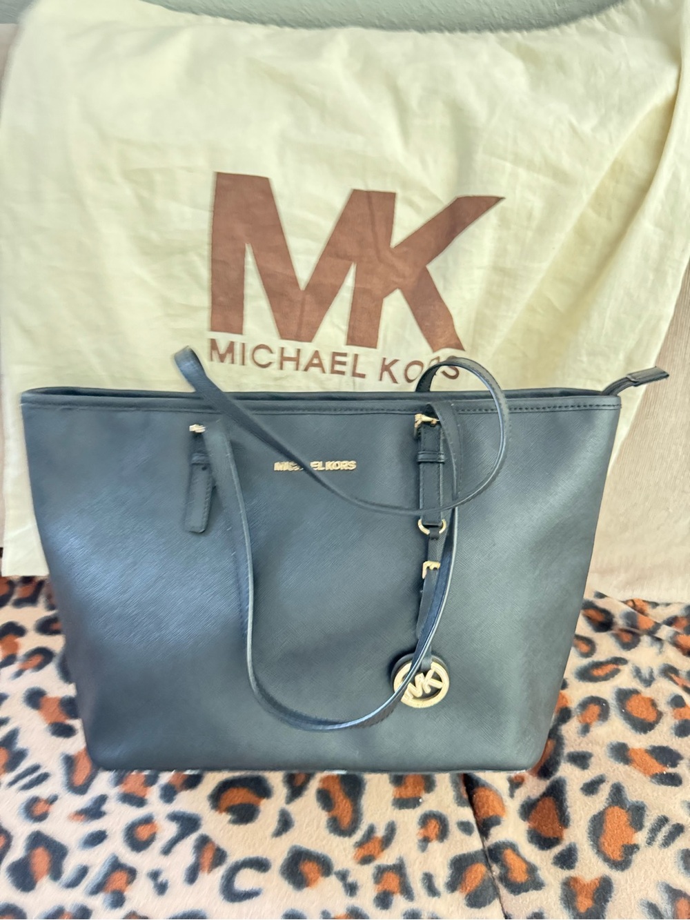 Michael Kors Navy Blue Saffiano Tote with Gold MK Charm